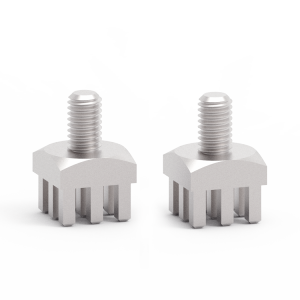 Press-fit threaded studs with toothed base.