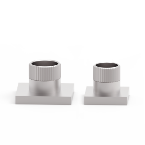 Threaded standoffs with a square base and knurled sleeve.